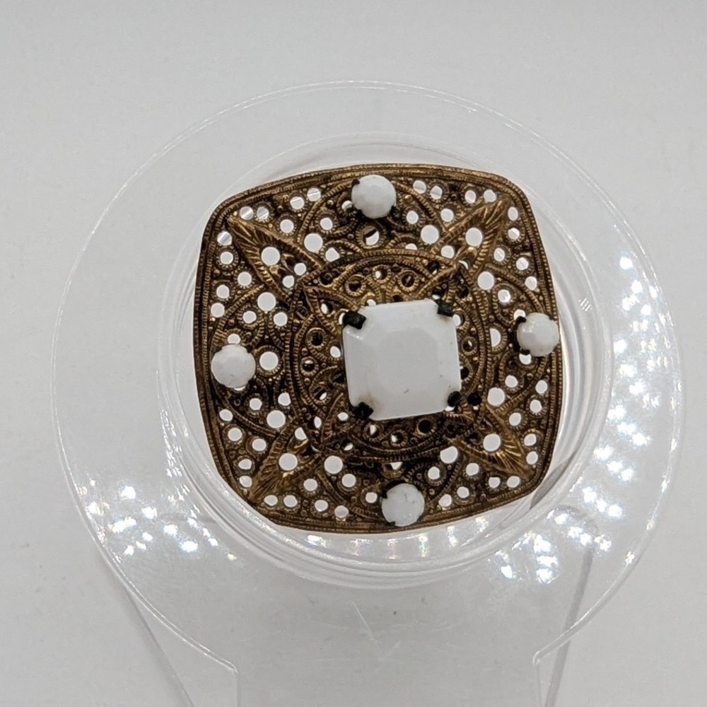 Vintage Gold Tone Filigree Square Brooch White Milk Glass Cabochon Ornate Pin